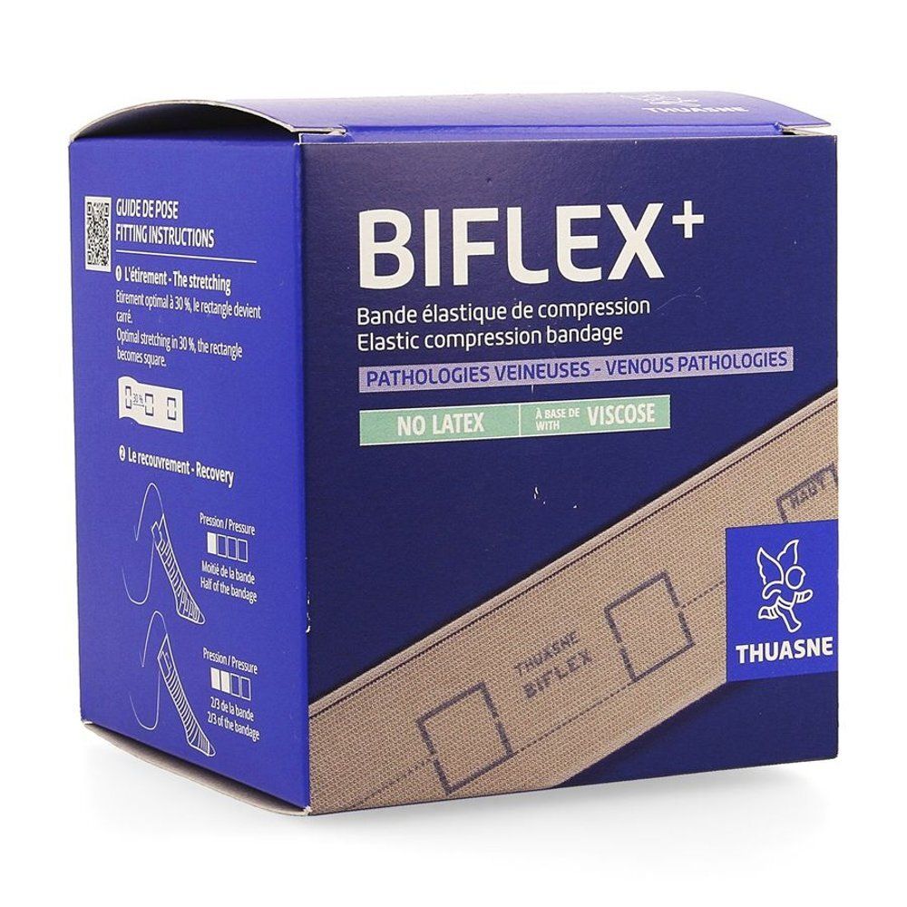 Boîte en carton bleue avec inscription BIFLEX+. Contient un bandage de compression élastique. Avec inscriptions et pictogrammes.