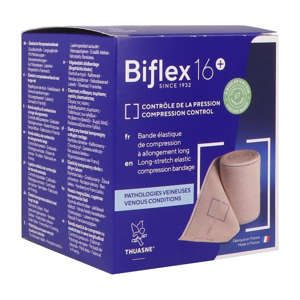 Kartonnen verpakking met opschrift BIFLEX 16+. Toont een rol elastisch compressieverband. Met logo en tekst.