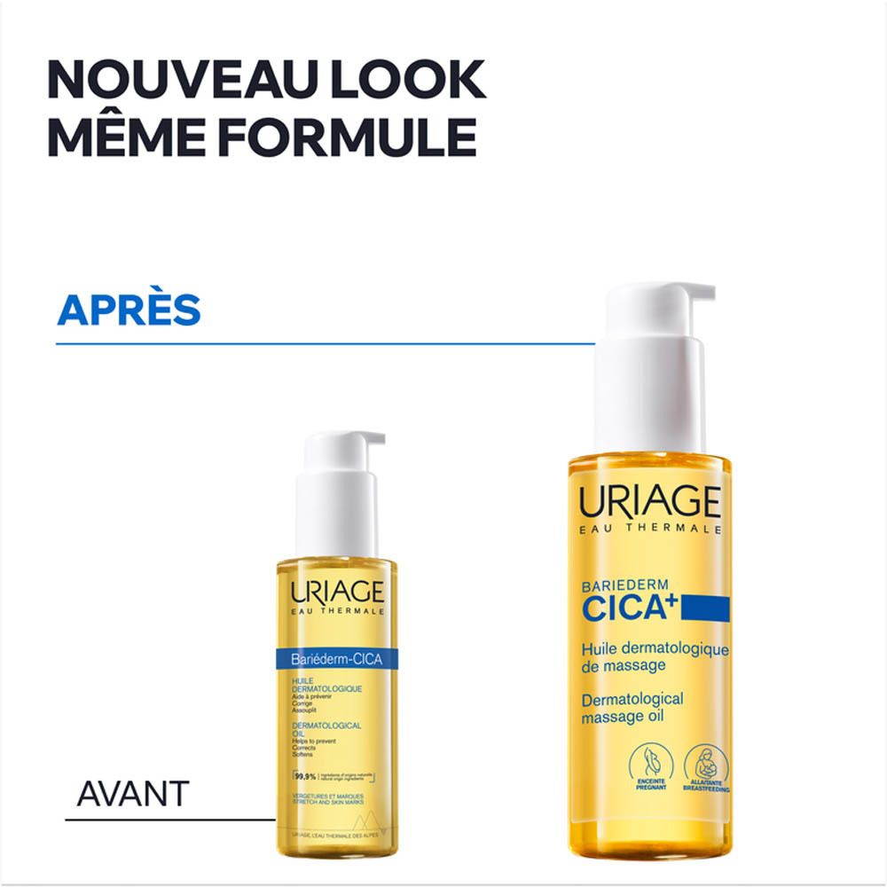 Deux huiles de massage Uriage Bariéderm Cica+, une petite et une grande bouteille avec pompe.