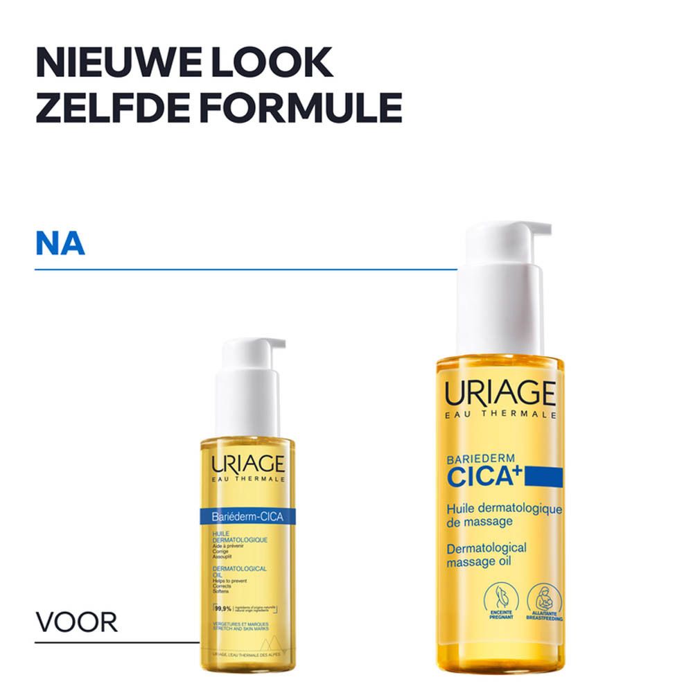 Twee flacons Uriage Bariéderm Cica+ dermatologische massageolie. Voor/na vergelijking van de verpakking.