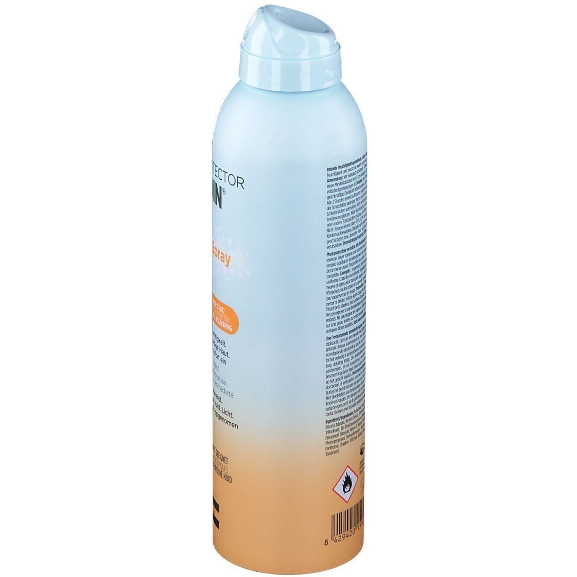 Flacon spray bleu et orange. Inscription: ISDIN, Fotoprotector. Contient du texte et un code-barres. Le bouchon est bleu clair.