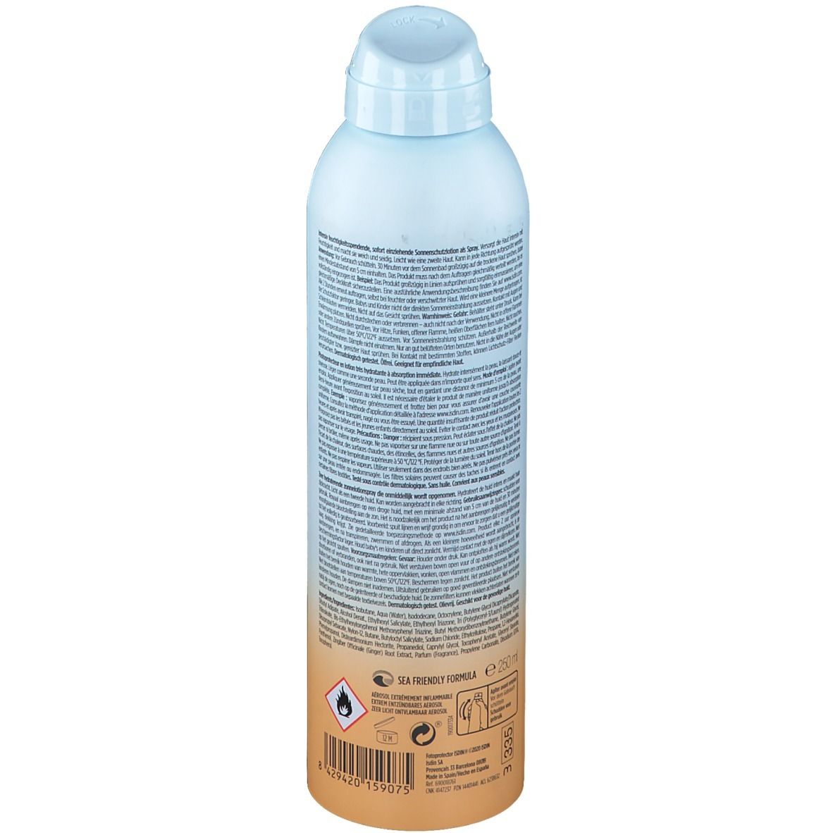Dos du flacon spray. Contient du texte et un code-barres. La partie inférieure est orange, la partie supérieure est bleue.