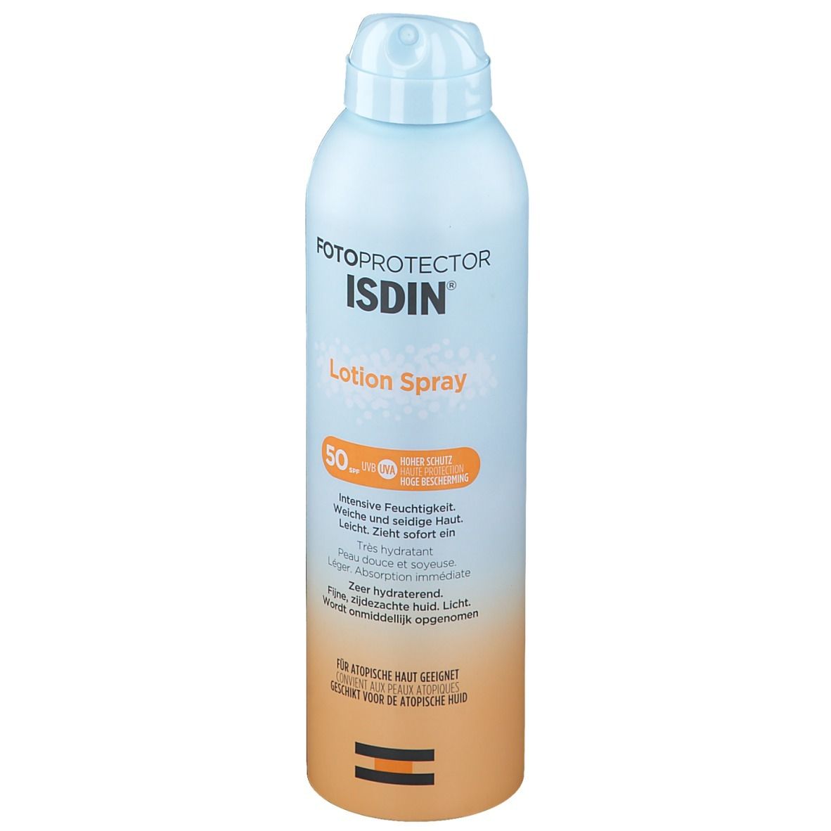 Flacon spray ISDIN Fotoprotector Lotion Spray. Inscription: SPF50+. Bande orange avec texte. Bouchon bleu clair.