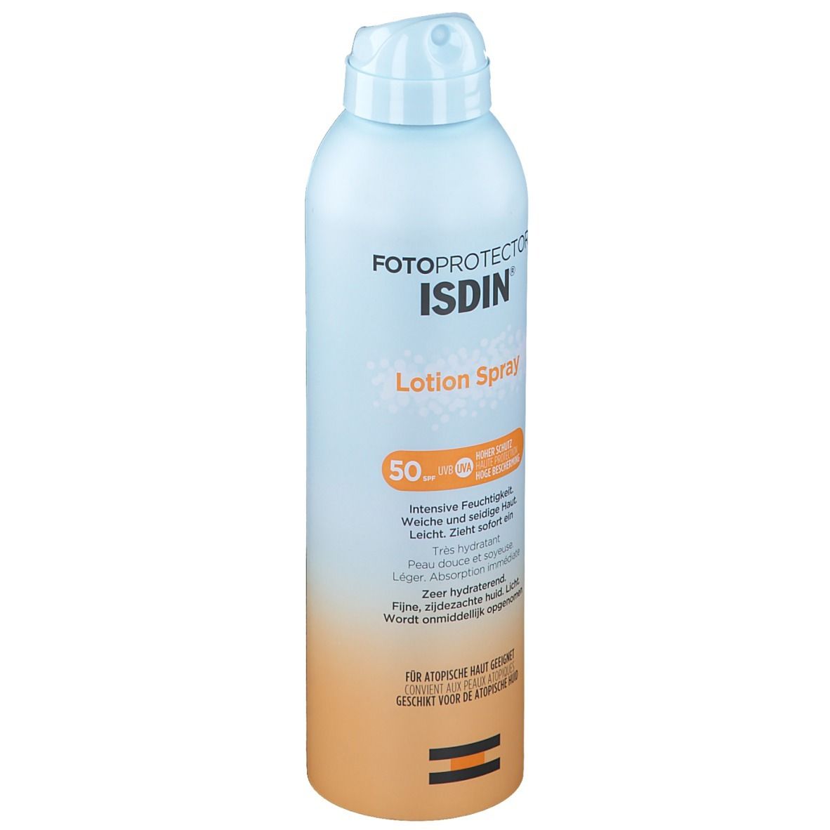 Flacon spray ISDIN Fotoprotector Lotion Spray. Inscription: SPF50+. Bande orange avec texte. Bouchon bleu clair.