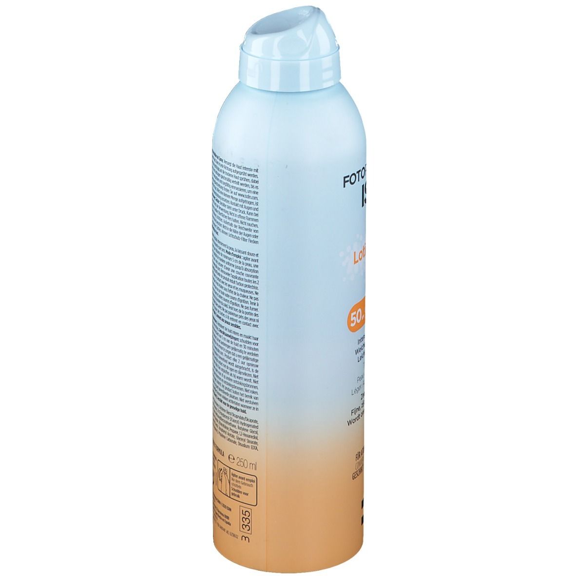 Flacon spray ISDIN Fotoprotector Lotion Spray. Inscription: SPF50+. Bande orange avec texte. Bouchon bleu clair.