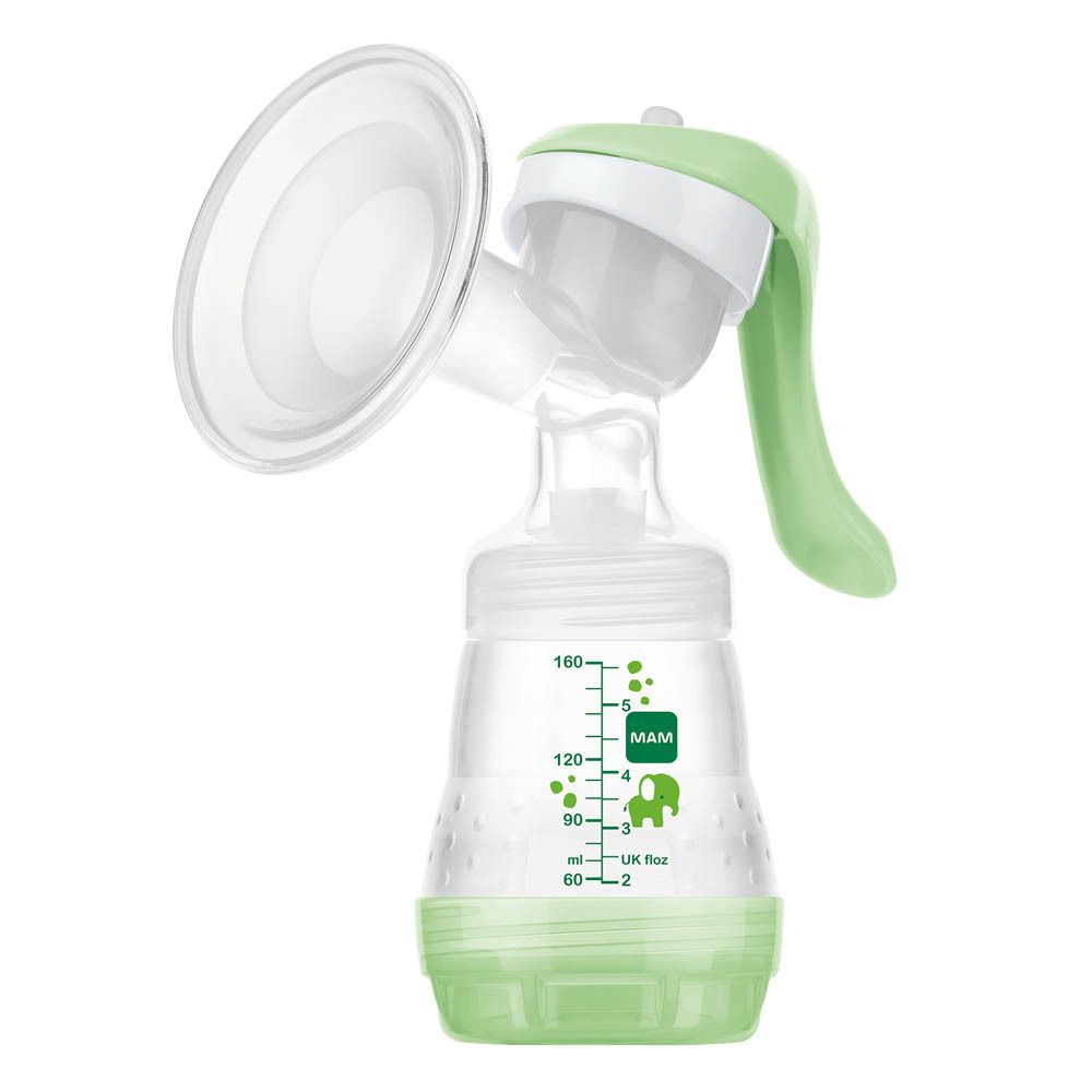 Tire-lait manuel MAM avec poignée verte et biberon transparent avec échelle.
