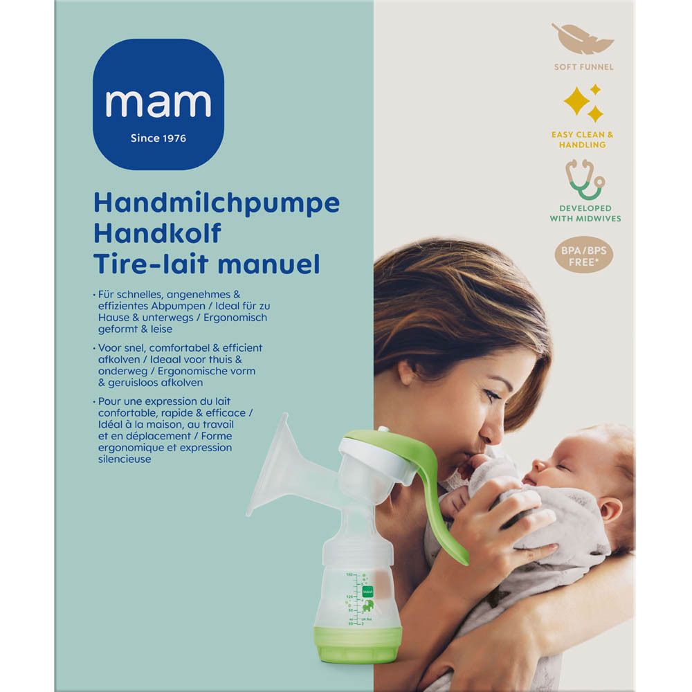 Emballage du tire-lait manuel MAM avec illustration du produit et informations.