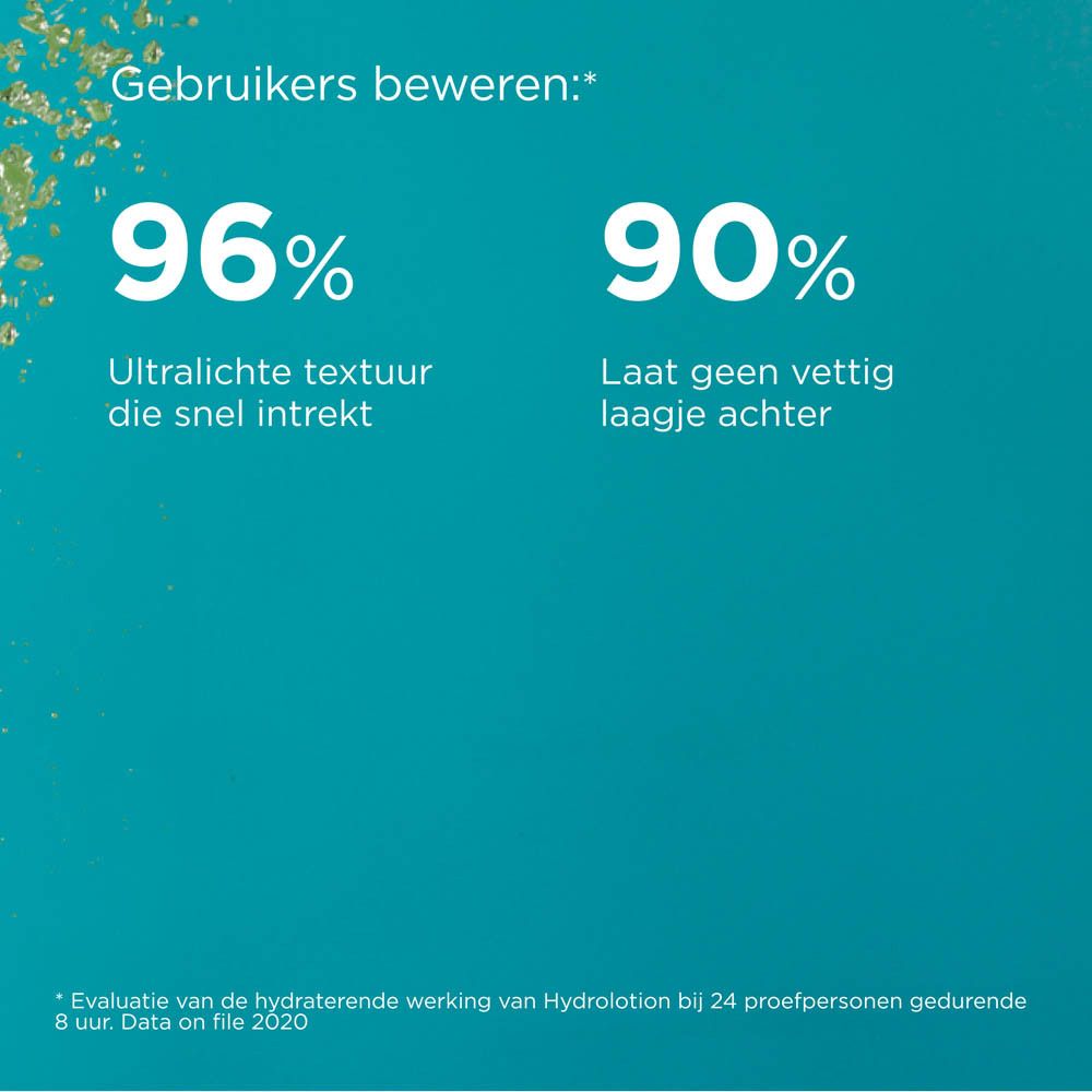 Fles. Gele dop, blauwe bodem. Tekst: ISDIN Fotoprotector Hydro Lotion 50. Opschrift: Protect & Detox.
