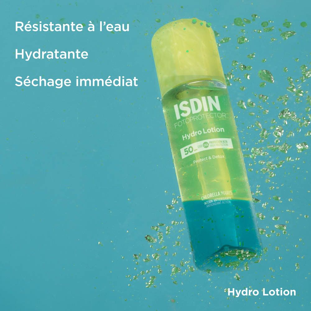 Flacon de lotion solaire. Bouchon jaune-transparent, base bleu-transparent. Texte: ISDIN Fotoprotector Hydro Lotion 50.