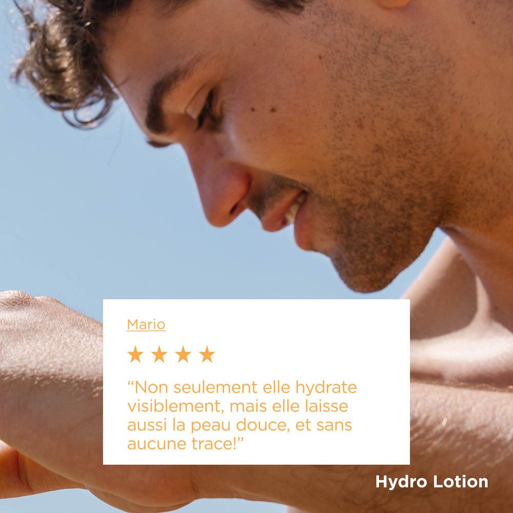 Flacon. Bouchon jaune, base bleue. Texte: ISDIN Fotoprotector Hydro Lotion 50. Inscription: Protect & Detox.