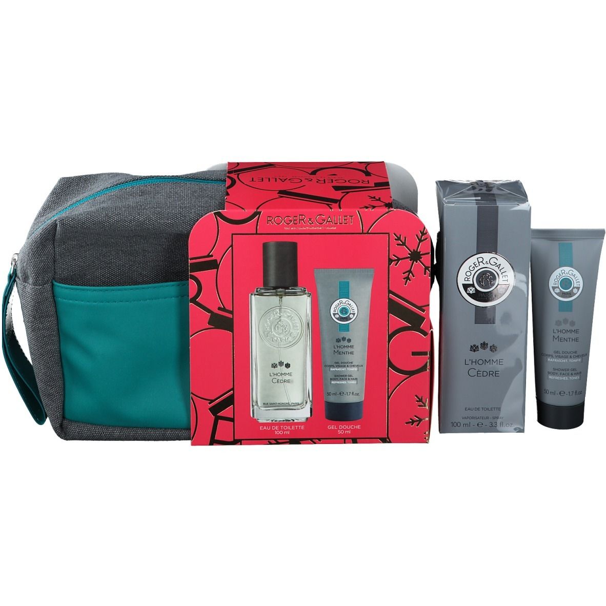 Cadeauset met grijze toilettas, rode doos, fles, tube en doos. Merk ROGER&GALLET.