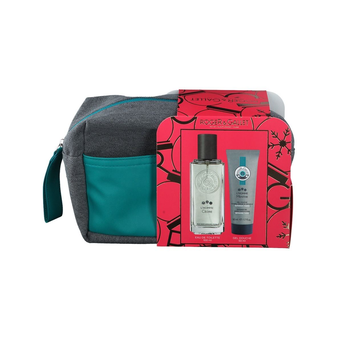 Cadeauset met grijze toilettas, rode doos, fles en tube. Merk ROGER&GALLET.