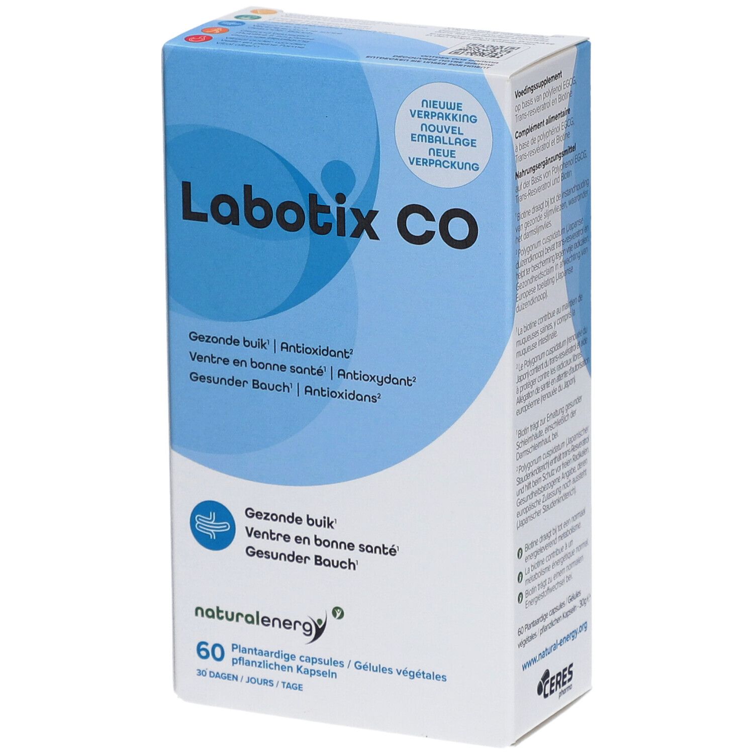 Boîte "Labotix CO". Emballage bleu et blanc. Contient 60 gélules. Texte en allemand, français, néerlandais.