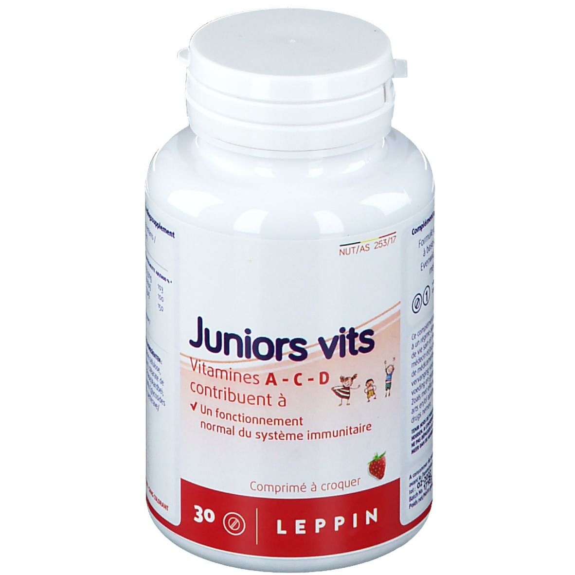 Witte fles "Juniors vits". Bevat 30 tabletten. Aardbei-symbool. Merk: Leppin.
