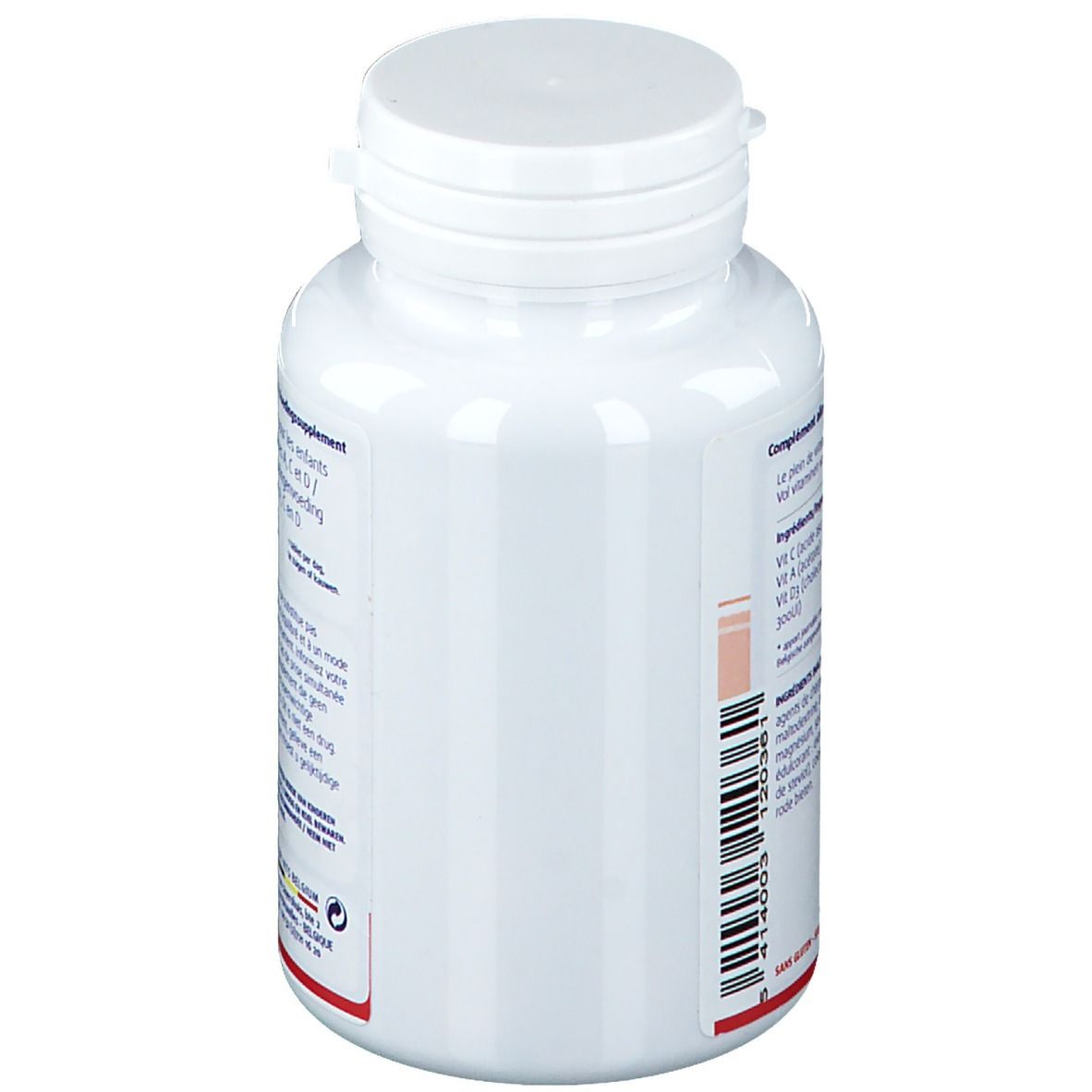 Witte fles "Juniors vits" van Leppin. Zijaanzicht. Met witte deksel en barcode.