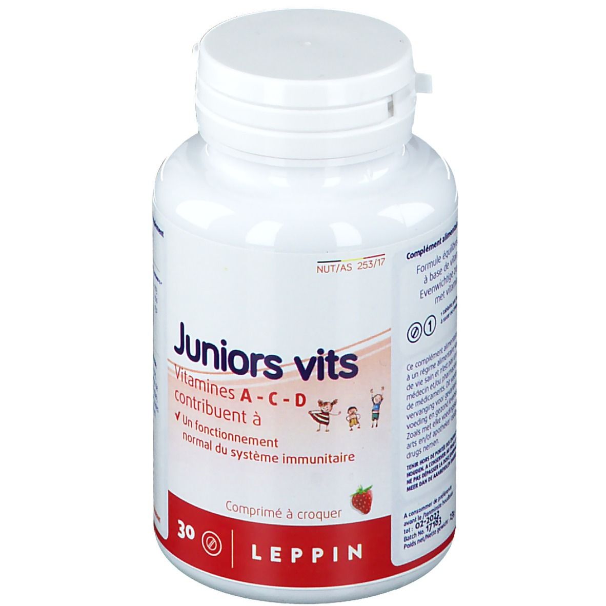 Witte fles "Juniors vits". Bevat 30 tabletten. Aardbei-symbool. Merk: Leppin. Vitamine A-C-D.