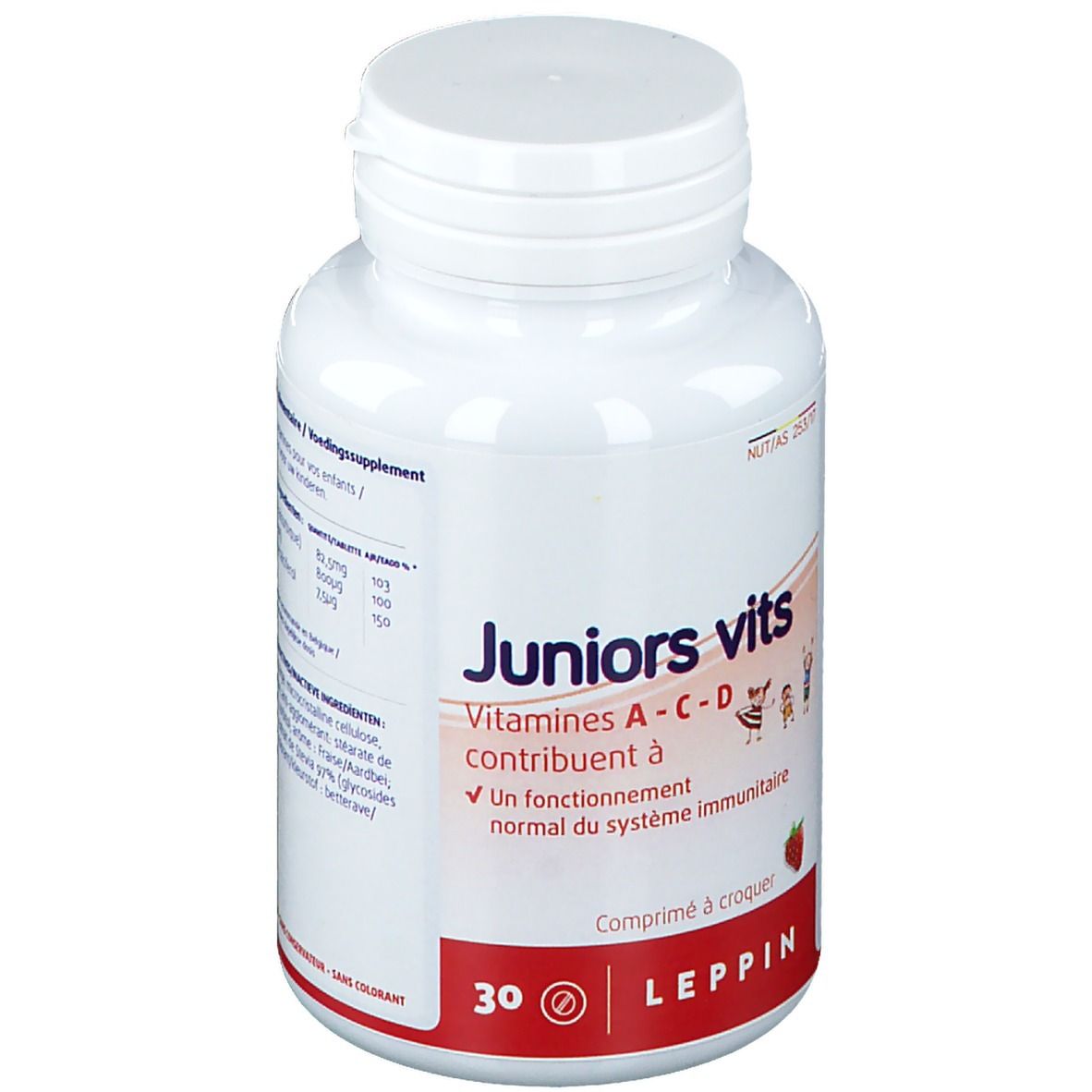 Witte fles "Juniors vits". Bevat 30 tabletten. Merk: Leppin. Vitamine A-C-D. Zonder kleurstoffen.