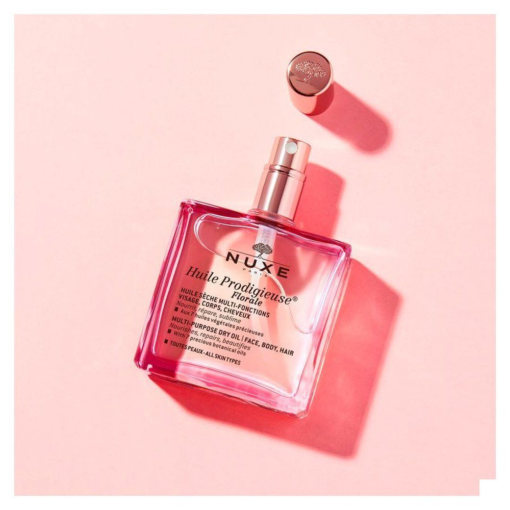 NUXE Huile Prodigieuse Florale fles met roze dop en etiket.