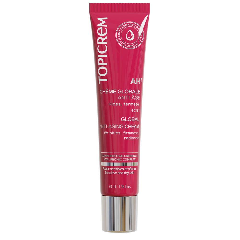 Tube rouge avec texte blanc. TOPICREM, Crème Globale Anti-Âge. 40ml. Pour peaux sensibles et sèches.