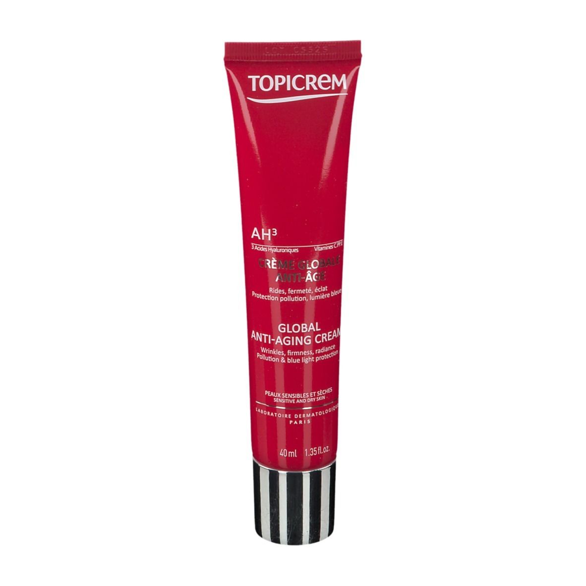 Rode tube met witte opdruk. Bevat AH3 Global Anti-Aging Crème. Zwart-witte strepen onderaan. Merk TOPICREM.
