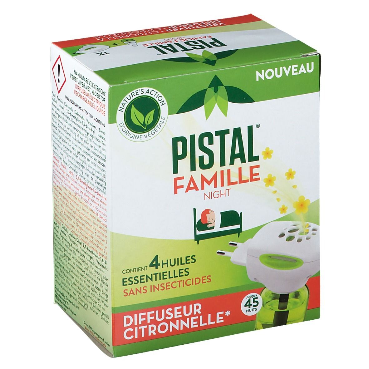 Verpakking Pistal Famille Night. Bevat 4 essentiële oliën zonder insecticiden. Citronella verstuiver. 45 minuten.