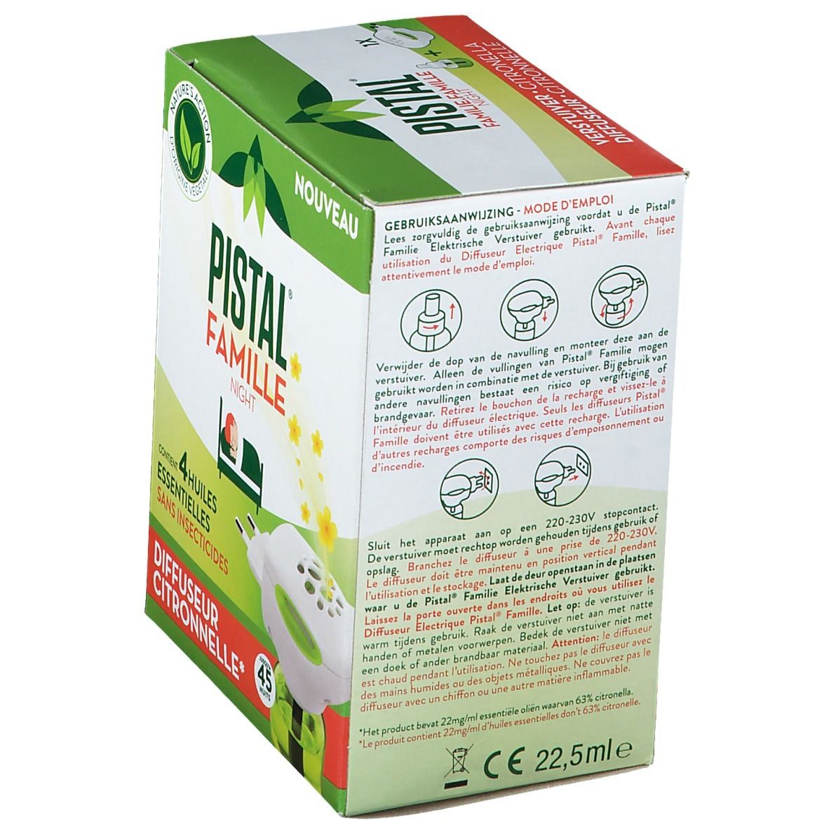 Achterkant verpakking Pistal Famille Night. Bevat gebruiksaanwijzing en waarschuwingen. Citronella verstuiver.