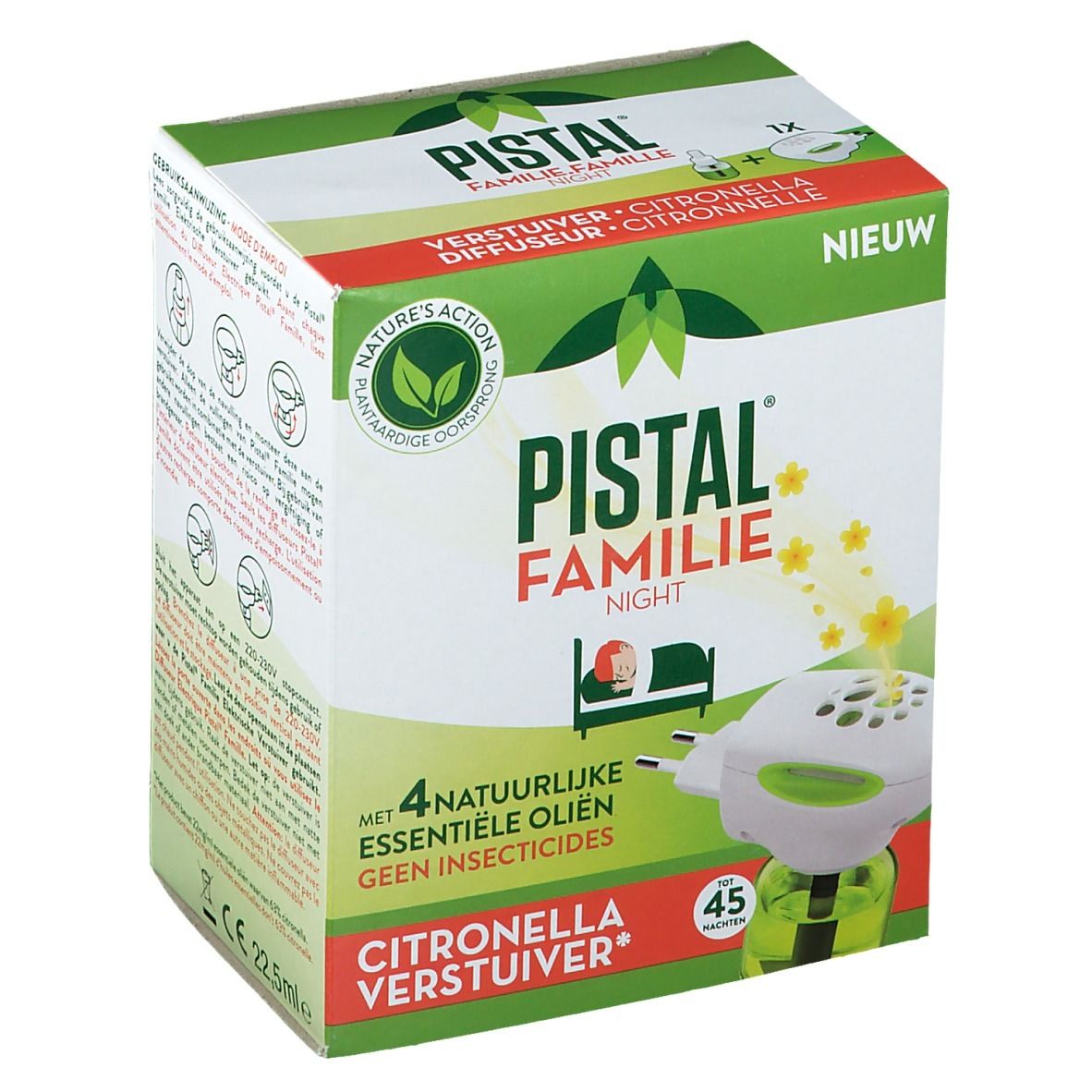 Verpakking Pistal Famille Night. Bevat 4 natuurlijke essentiële oliën zonder insecticiden. Citronella verstuiver.