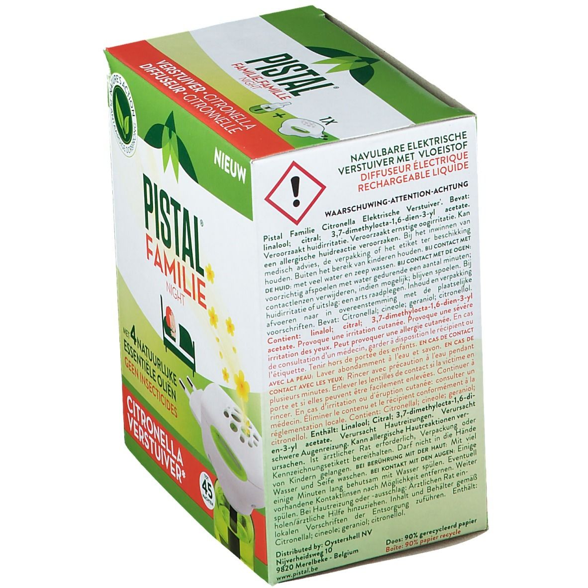 Verpakking Pistal Famille Night. Bevat waarschuwingen. Bevat 4 natuurlijke essentiële oliën zonder insecticiden. Citronella verstuiver.
