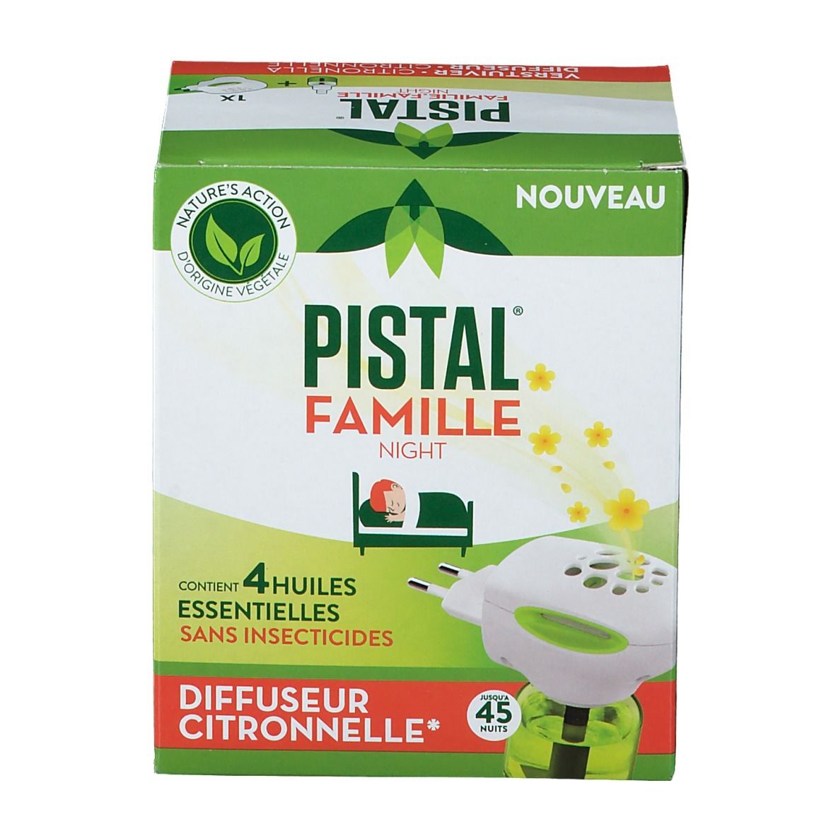 Verpakking Pistal Famille Night. Bevat 4 essentiële oliën zonder insecticiden. Citronella verstuiver. 45 minuten.