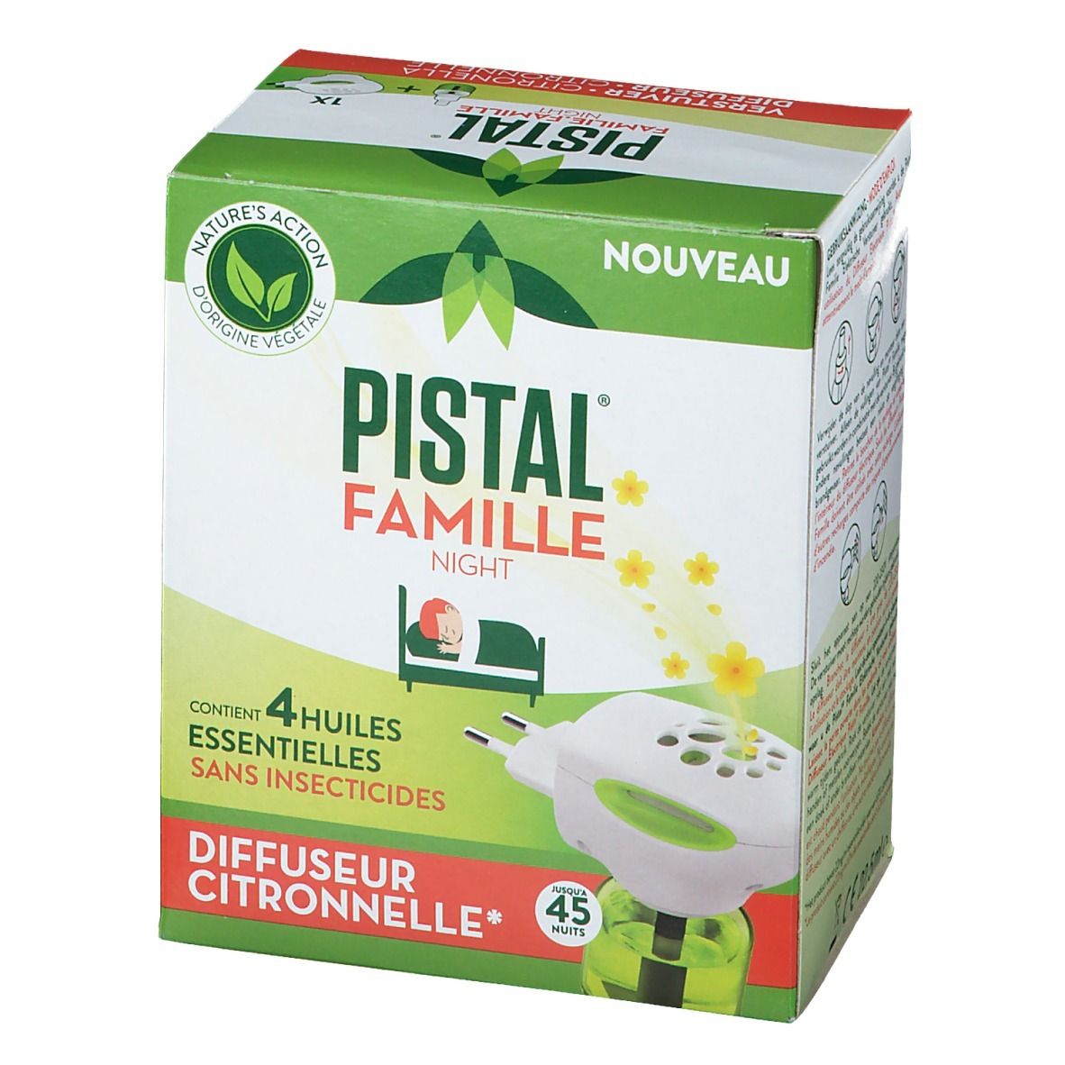 Verpakking Pistal Famille Night. Bevat 4 essentiële oliën zonder insecticiden. Citronella verstuiver. 45 minuten.