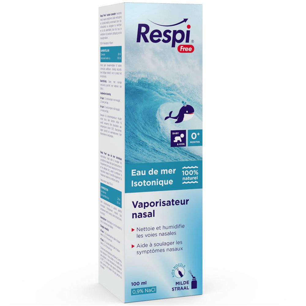 Kartonnen verpakking met productinformatie. Opschrift: Respi Free, Isotone zeewater, voor baby's en kinderen.