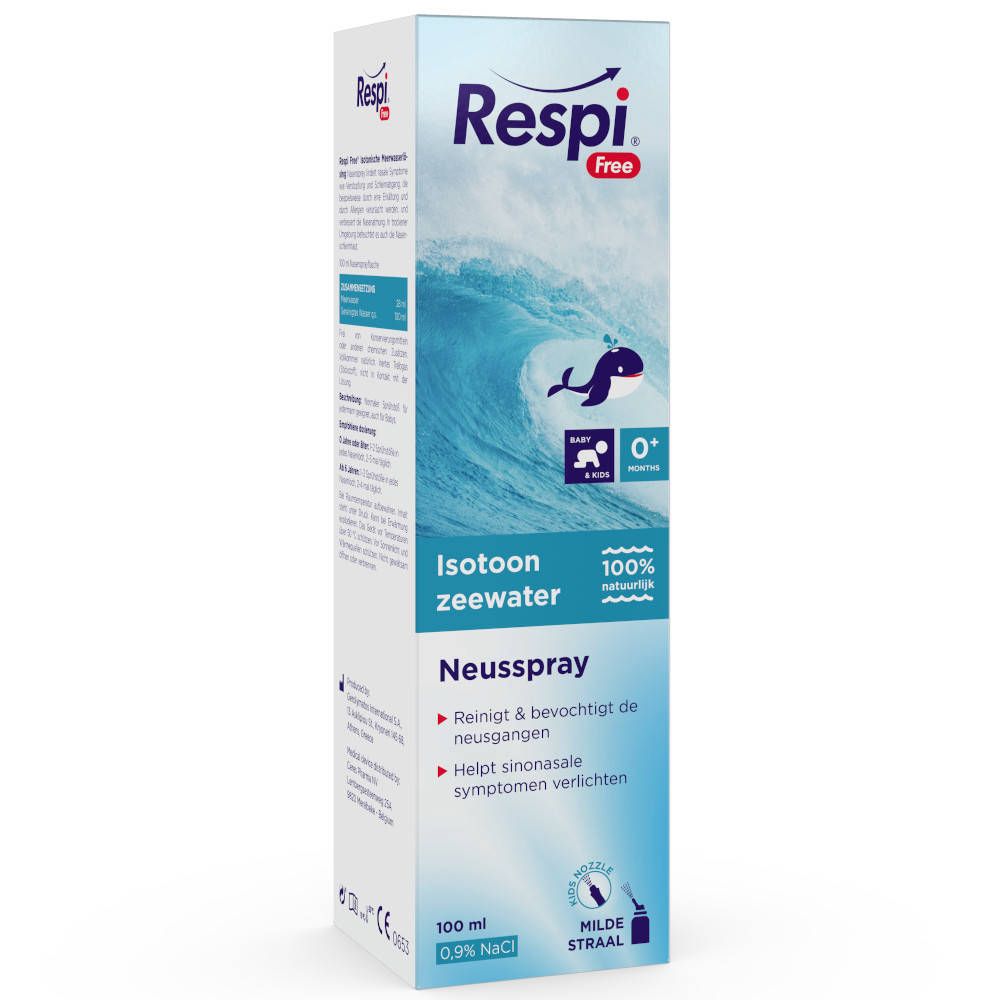 Kartonnen verpakking met productinformatie. Opschrift: Respi Free, Isotone zeewater, voor baby's en kinderen.
