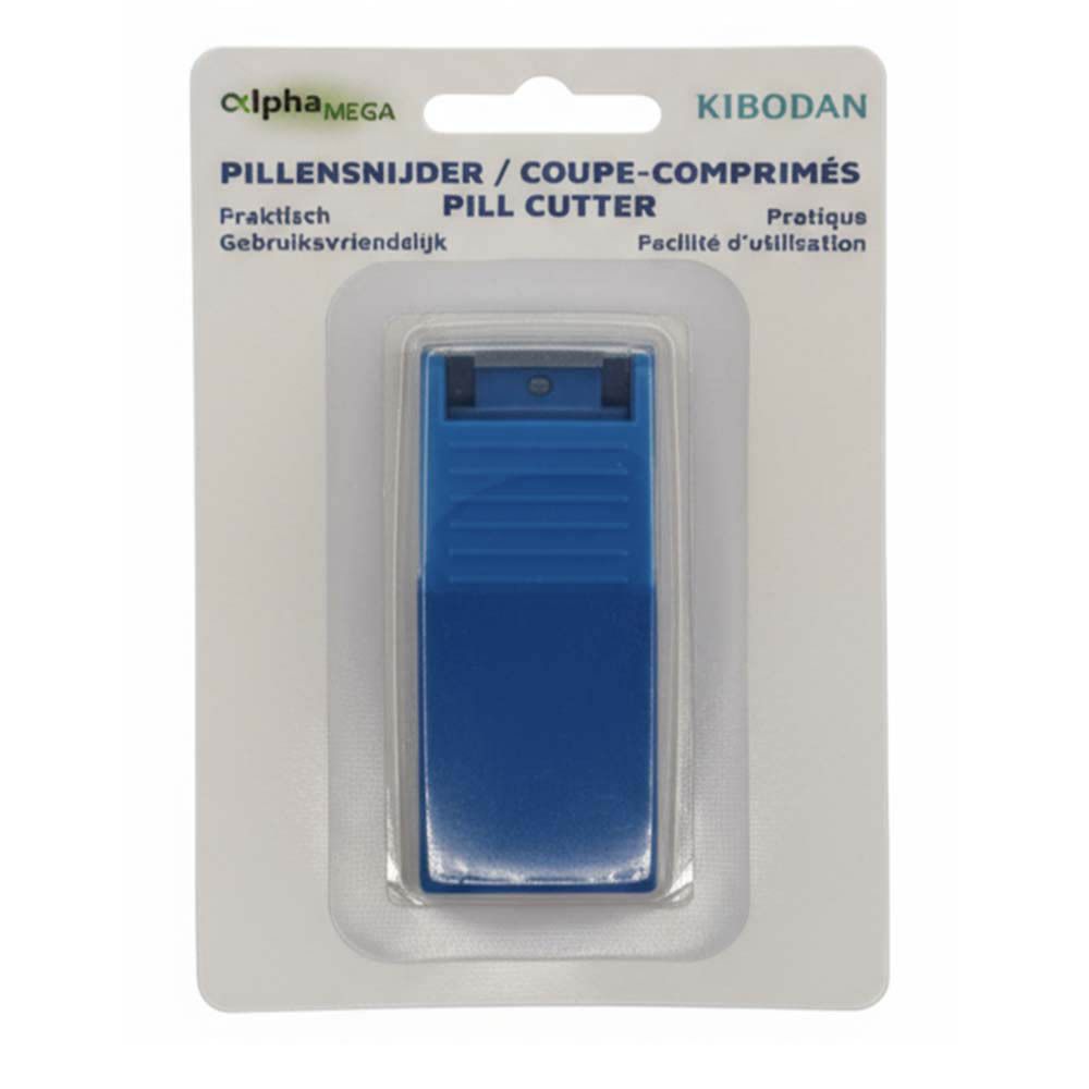 Blauwe pillensnijder in verpakking. Met de tekst "KIBODAN" en "Pill Cutter & Box".