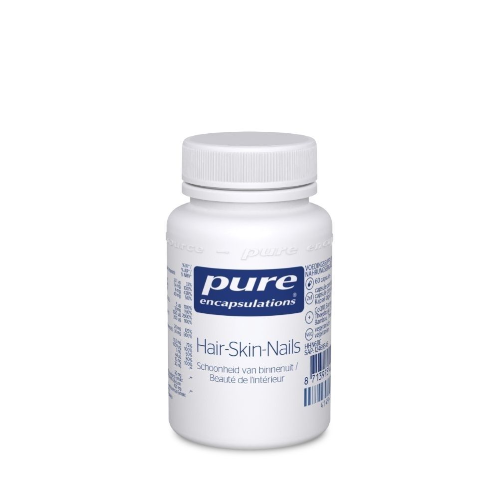 Witte fles met blauw etiket. Opschrift: Pure Encapsulations, Hair-Skin-Nails.