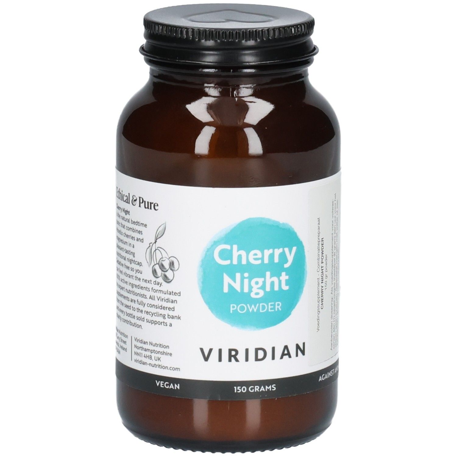 Bouteille en verre brun avec bouchon noir, étiquette "Cherry Night Powder" et "Viridian".