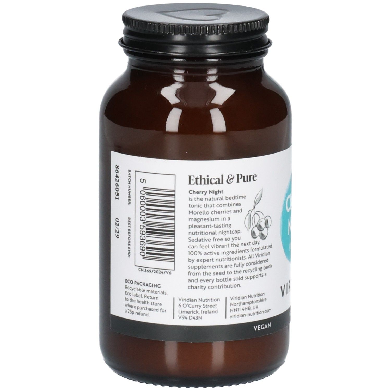 Arrière d'une bouteille en verre brun avec étiquette montrant les ingrédients et le code-barres.
