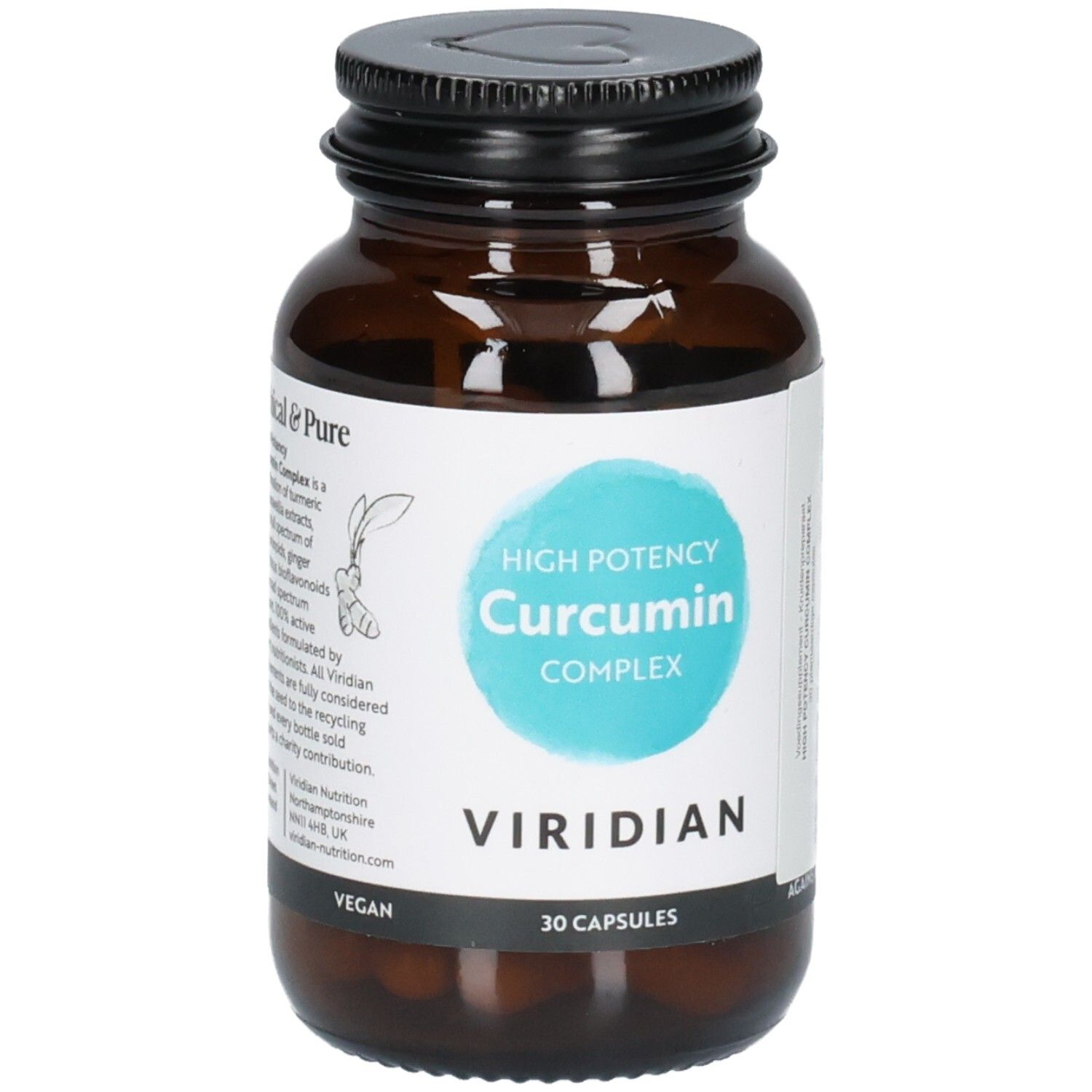 Amberkleurige glazen fles met zwart deksel, etiket met "High Potency Curcumin Complex" en "Viridian".