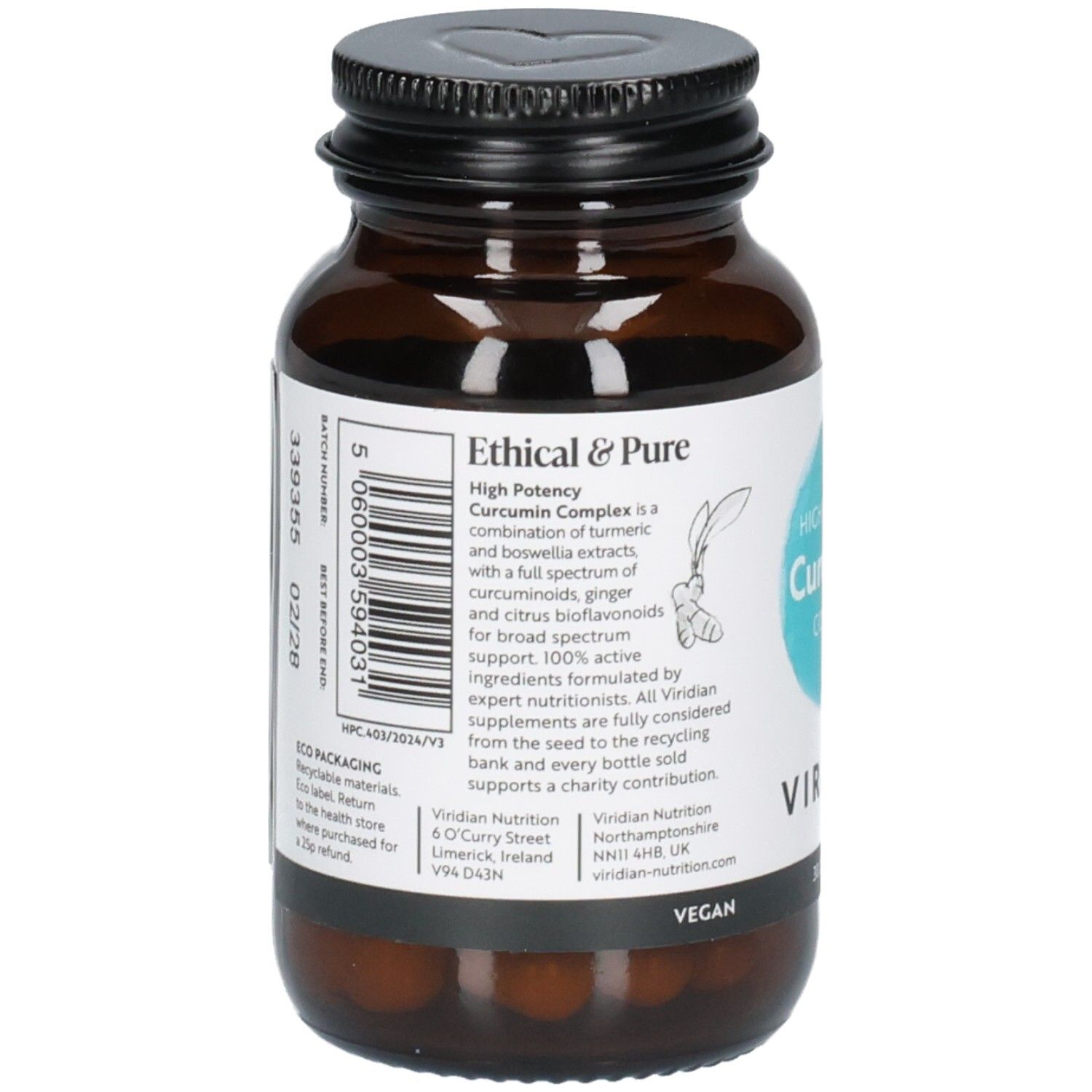 Achterkant van een fles Viridian High Potency Curcumin Complex met barcode en ingrediënten.