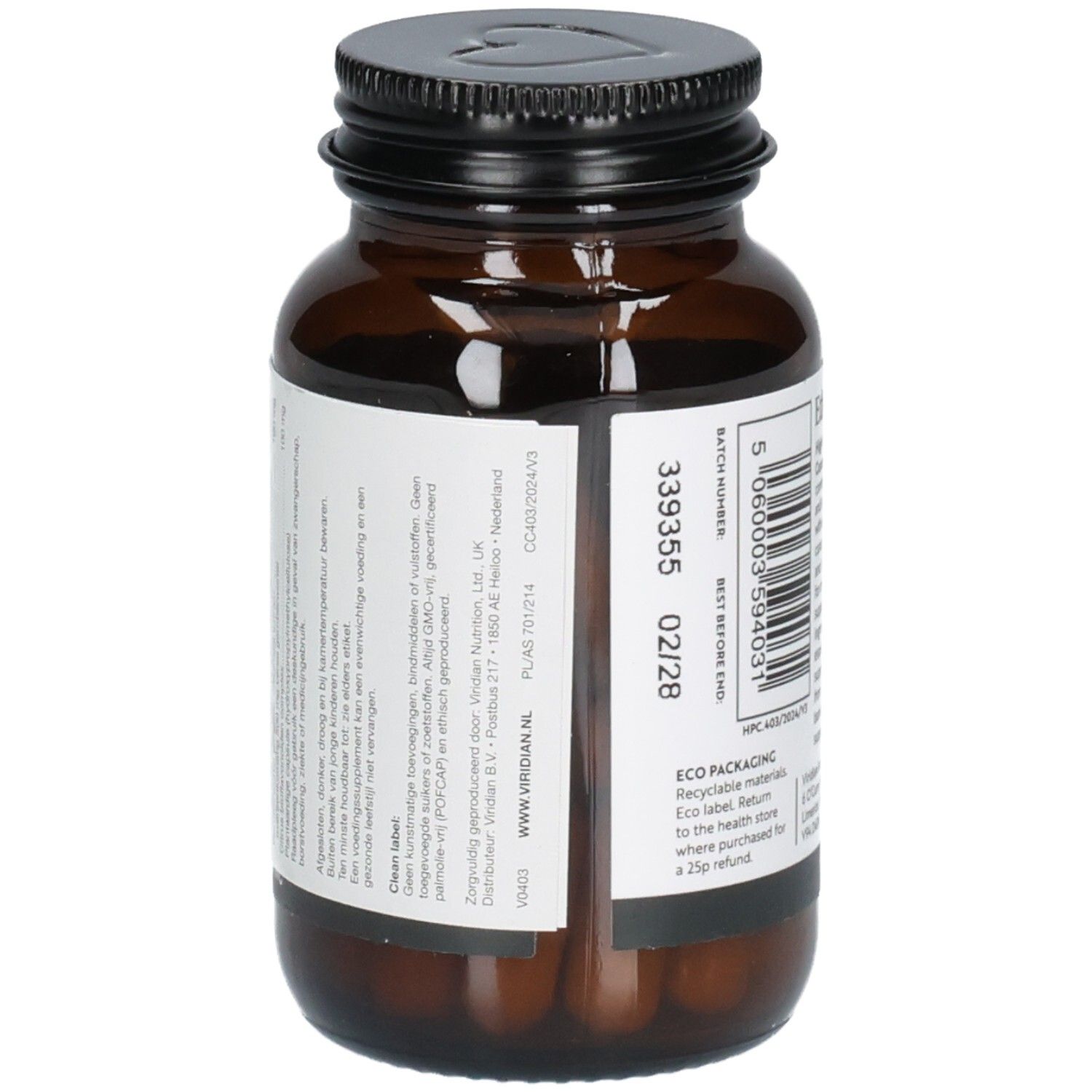 Achterkant van een fles Viridian High Potency Curcumin Complex met barcode en meertalige informatie.