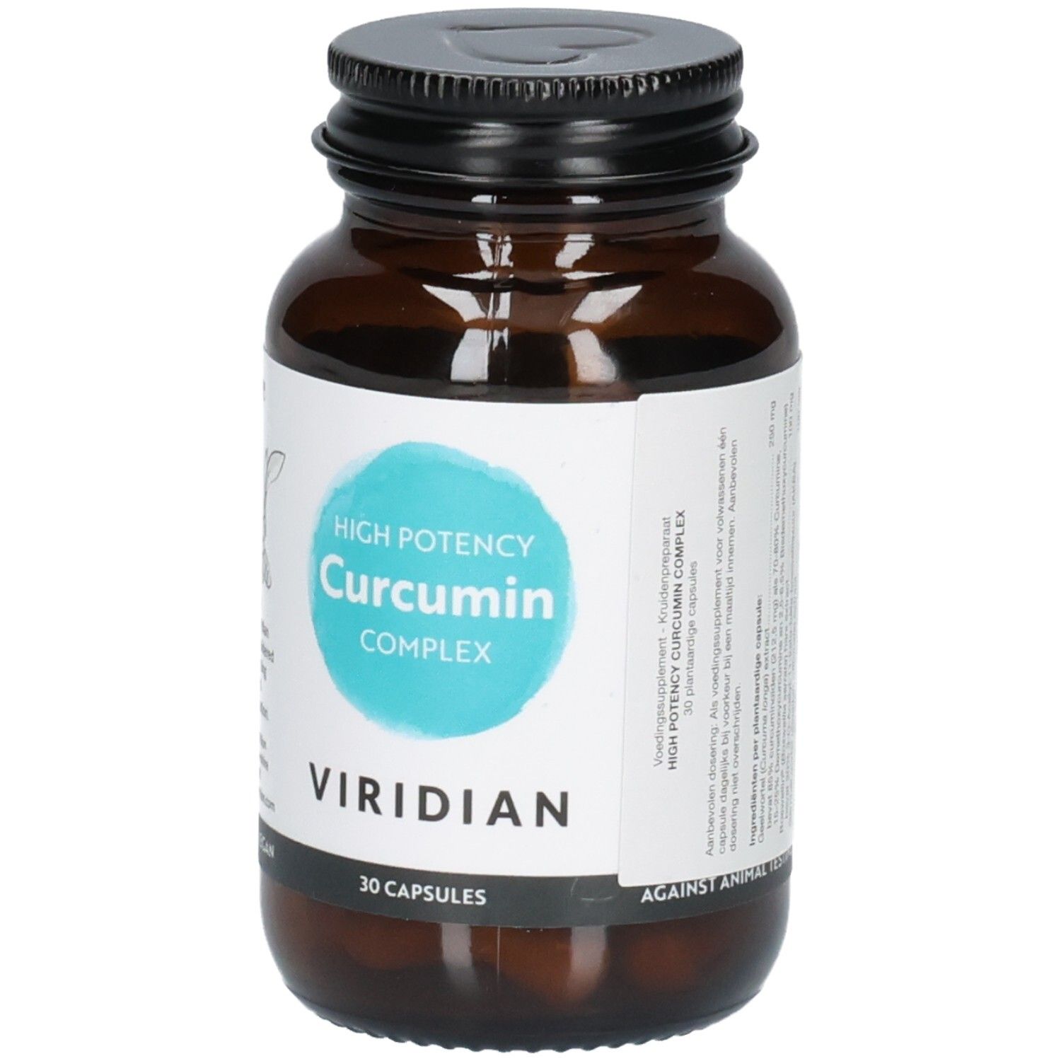 Fles Viridian High Potency Curcumin Complex met etiket waarop "Vegan" en "30 Capsules" staat.