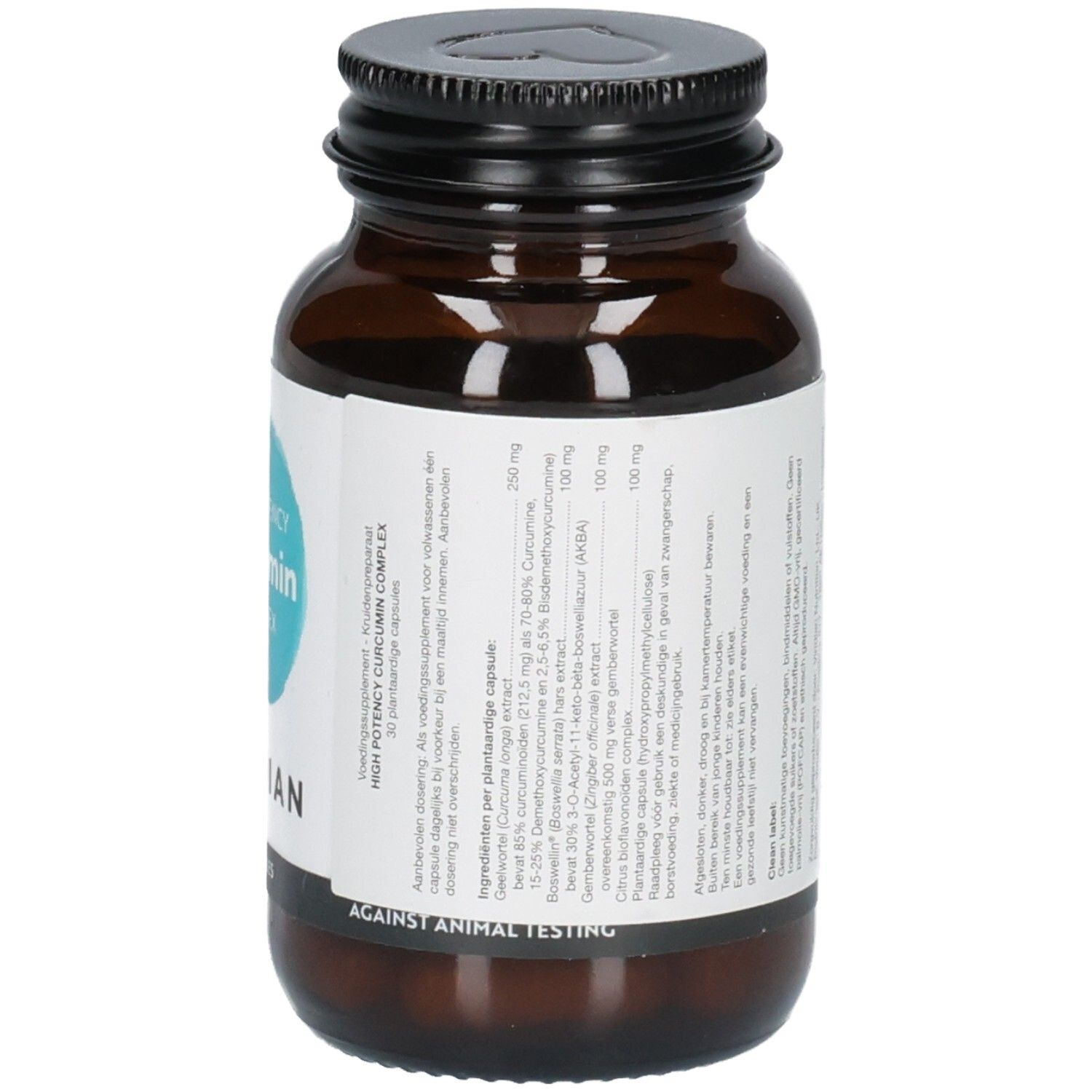 Close-up van de achterkant van een fles Viridian High Potency Curcumin Complex met ingrediëntdetails.