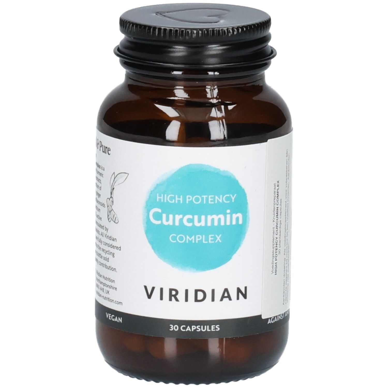 Fles Viridian High Potency Curcumin Complex, voorkant met etiket waarop "Ethical & Pure" staat.