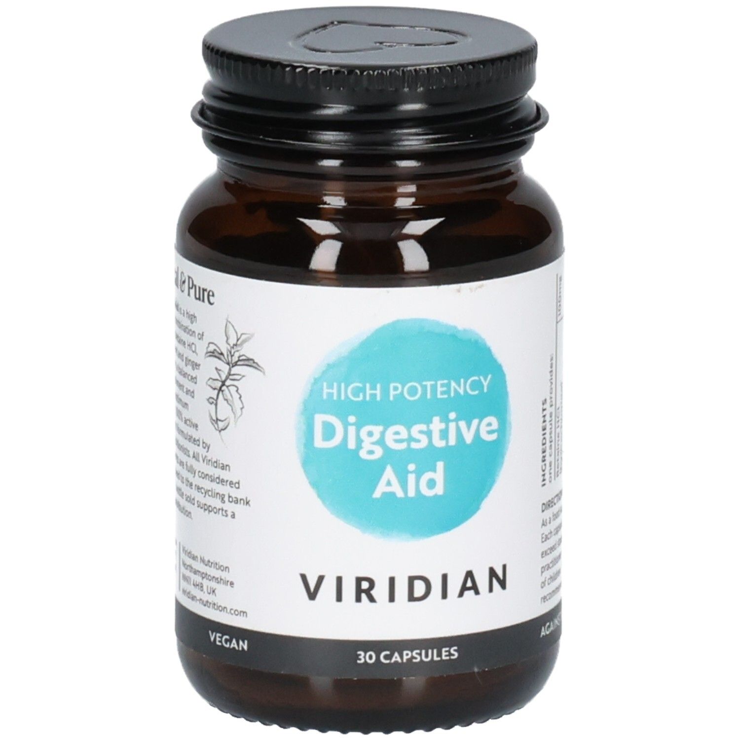 Bruine glazen fles met zwarte dop, etiket met "High Potency Digestive Aid" en "Viridian".