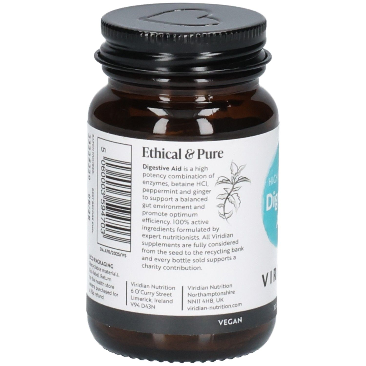 Achterkant van een bruine glazen fles met etiket waarop "Ethical & Pure" en productinformatie staat.