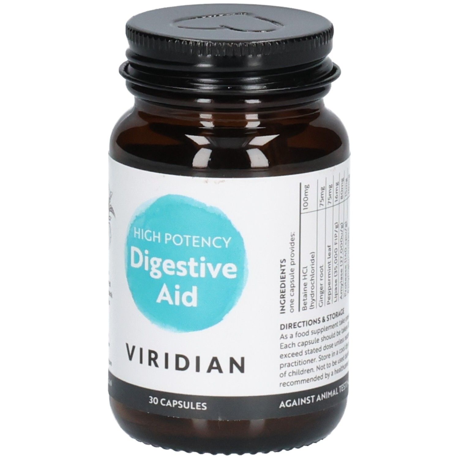 Bruine glazen fles met zwarte dop, etiket met "High Potency Digestive Aid", "Viridian" en ingrediënten.