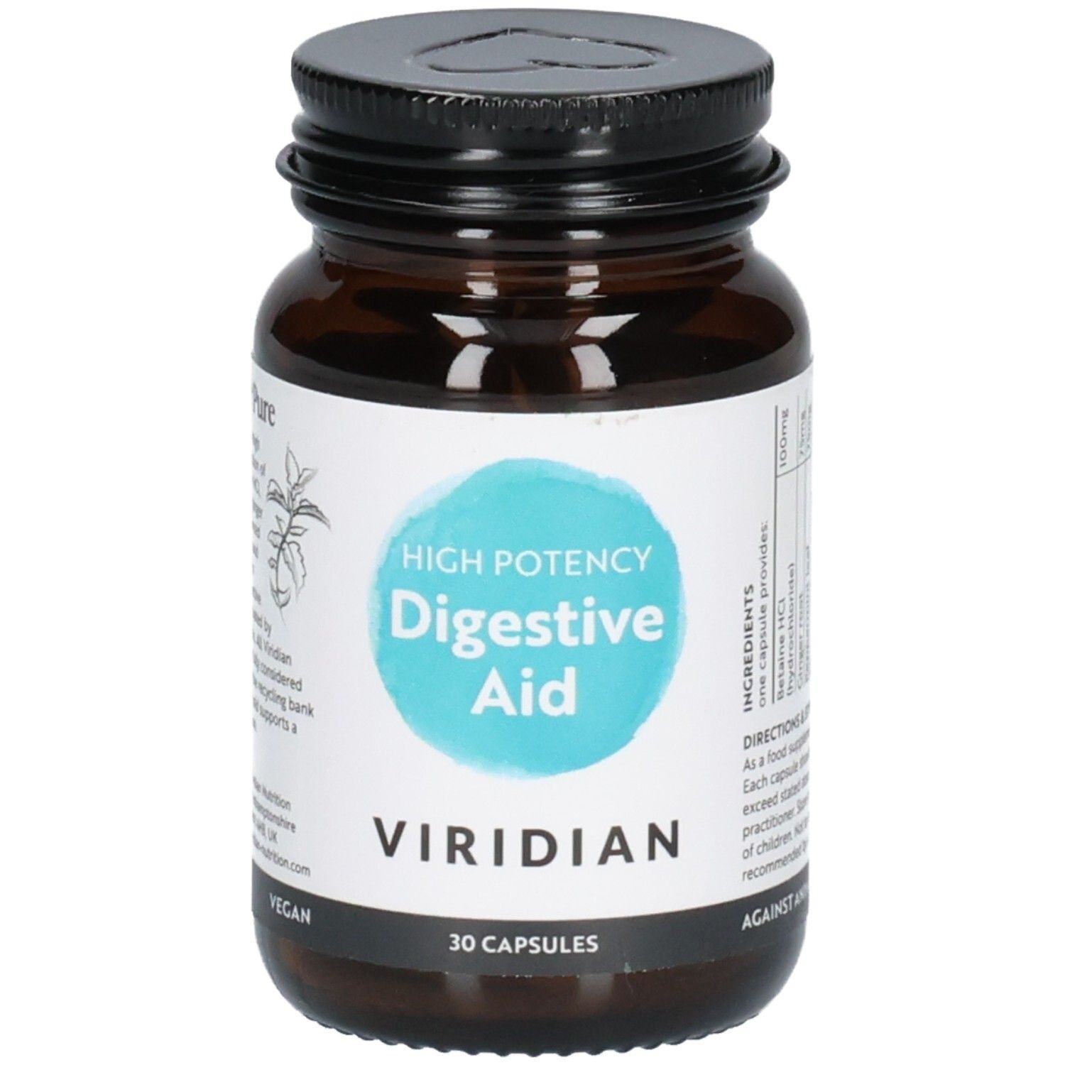 Bruine glazen fles met zwarte dop, etiket met "High Potency Digestive Aid", "Viridian" en "Vegan"-zegel.