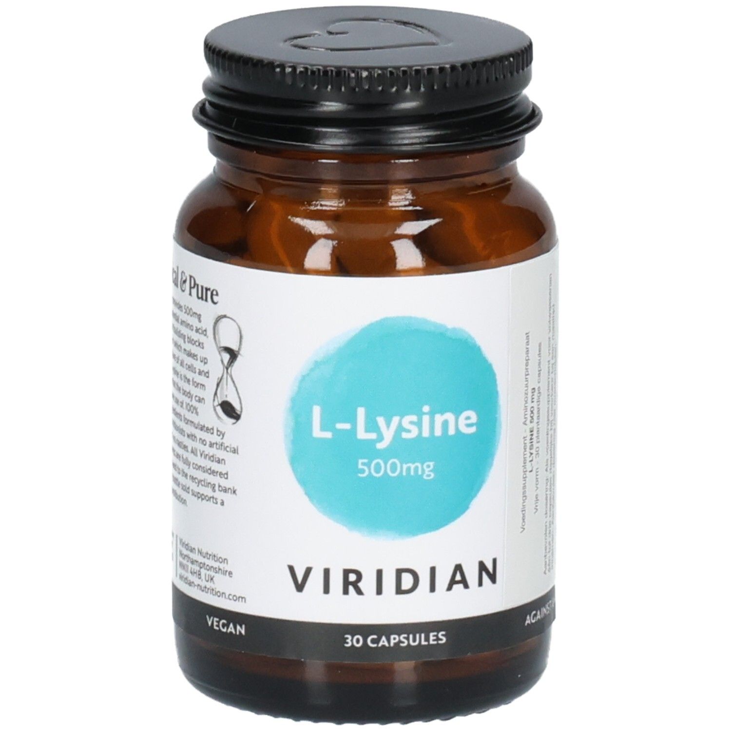 Bruin glazen flesje met L-Lysine 500mg van Viridian. Bevat 30 vegan capsules.