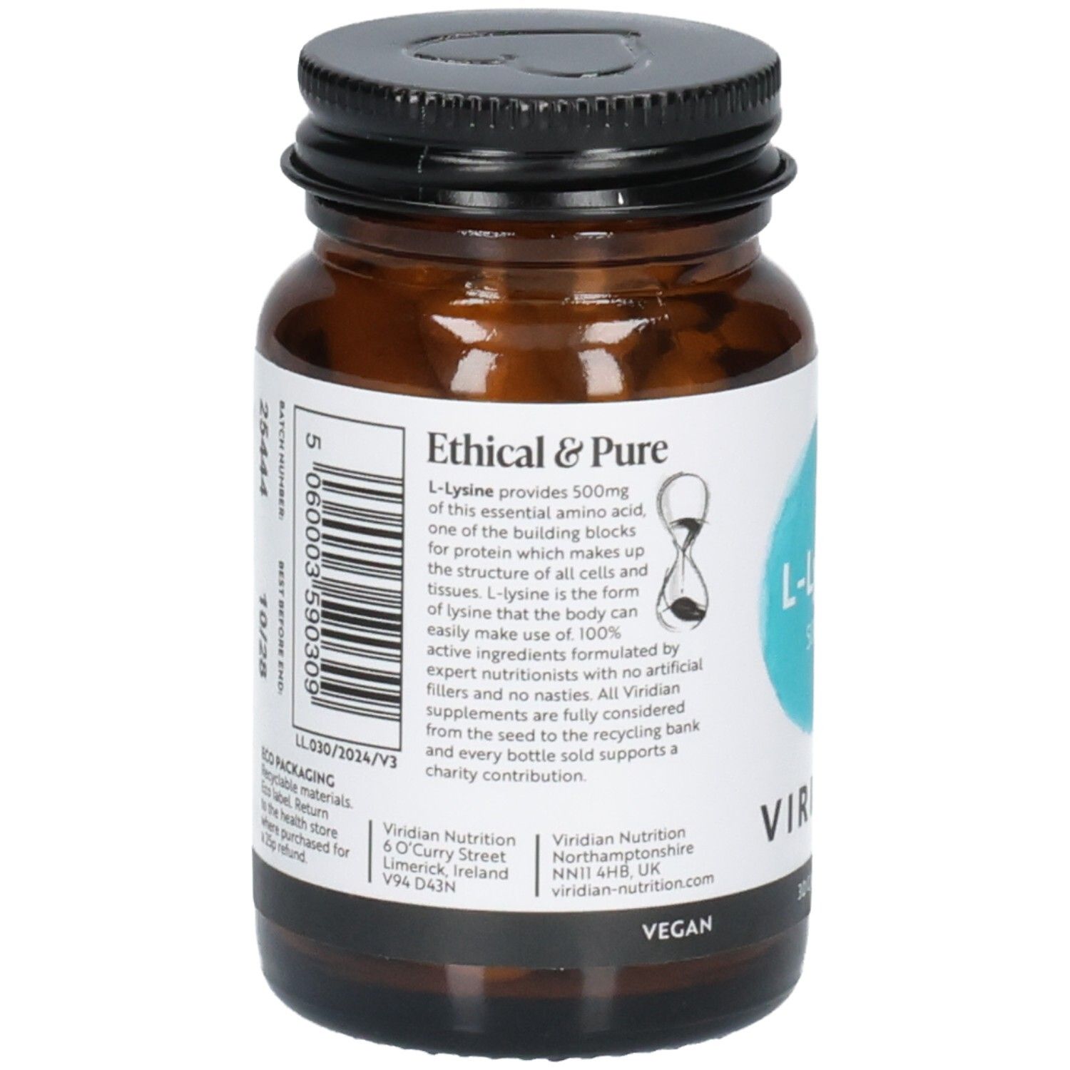 Achterkant van een Viridian L-Lysine 500mg flesje met productinformatie en barcode.