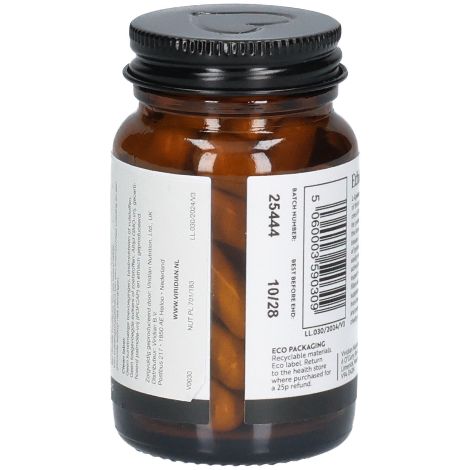 Zijkant van een Viridian L-Lysine 500mg flesje met batchnummer en vervaldatum.