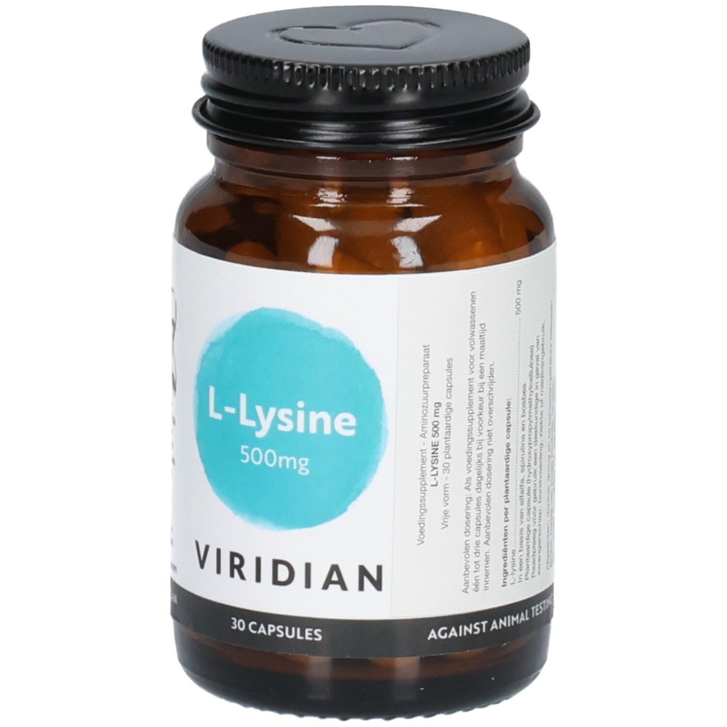 Viridian L-Lysine 500mg flesje met meertalig etiket. 30 plantaardige capsules.